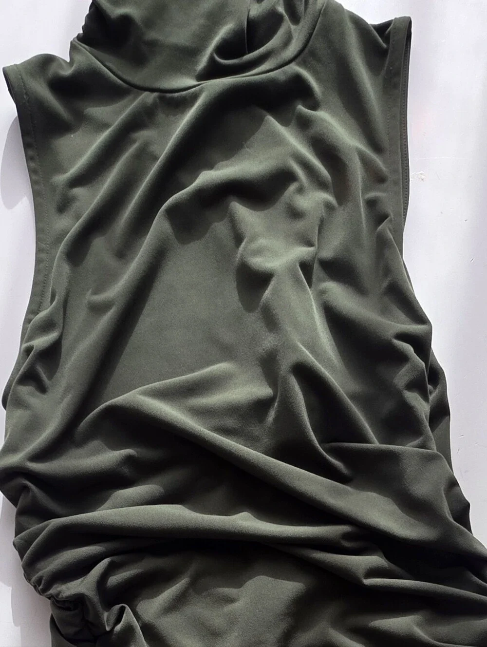 Michael Kors Olive Green Sleeveless Ruched Midi Dress